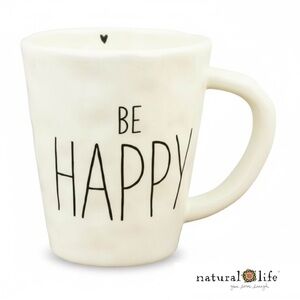 Natural Life Artisan BE HAPPY Cottagecore Bohemian Ceramic Mug NEW